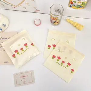Cute tulip patterned transparent ziplock packaging bag detail view, fresh ins style.