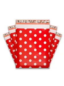 Red polka dot poly mailers detail view waterproof shipping bags for packaging items