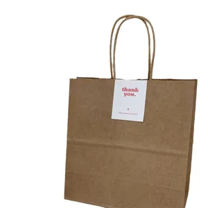 Brown kraft paper bag with twisted handles and thank you sticker, ideal for retail and gift packaging.
