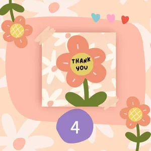 Close-up detail of ins style square thank you card with cute floral illustration design.