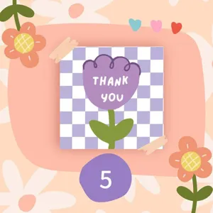 Square mini thank you card with purple checkerboard and tulip design for gift packaging and decor.