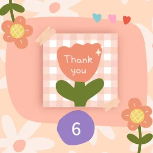 Detailed view of square thank you card featuring cute pink tulip and checkered pattern.