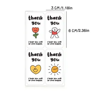 Detail view of cute ins style white thank you stickers sheet with dimensions and cartoon designs.