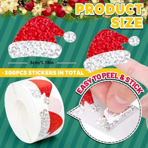 Christmas Santa Hat Holographic Glitter Stickers Roll 500 Pcs 3cm Gift Label Seal Decor