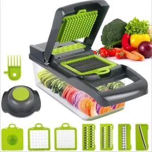 Multi-functional vegetable chopper and slicer set with multiple interchangeable blades and container.