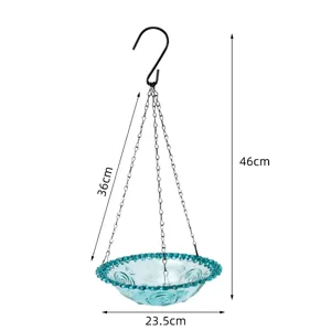 Mangeoire à oiseaux en verre suspendue pour jardin, bol bleu décoratif avec chaînes et crochet.