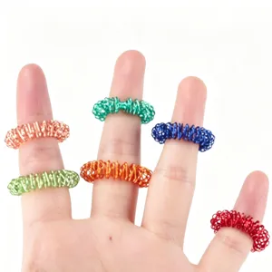 Primer plano de anillos de masaje de resorte de alambre de colores en los dedos.