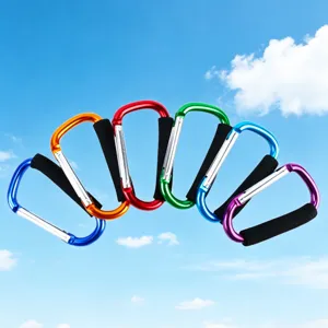 Colorful aluminum D-shaped carabiner with foam handle, durable climbing hook for outdoor use.