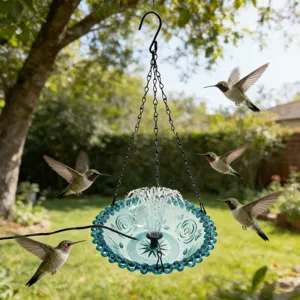 Fontaine de bain d'oiseau solaire suspendue en verre bleu pour decoration de jardin