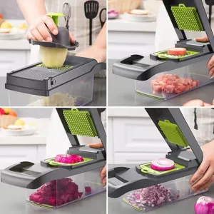 Multi-functional vegetable chopper, kitchen mandoline slicer, onion and potato dicer with container.