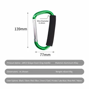 Aluminum alloy D-shaped carabiner climbing hook with foam grip, 139x77mm size, 90g weight.