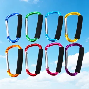 Colorful aluminum D-shaped carabiners with sponge foam grips, ideal for outdoor sports and gear.