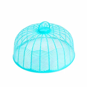 Plastic mesh food cover for dining table, round anti-mosquito insect dish protector, light blue.