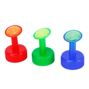 Plastic bottle watering sprinkler caps, red, green and blue set for garden plants.