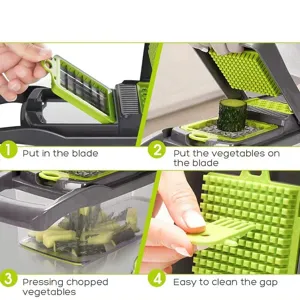 Multi-functional vegetable chopper detail showing easy blade replacement and vegetable dicing steps.