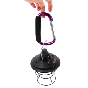 Portable LED camping lantern with purple carabiner clip and foam grip detail view showcase