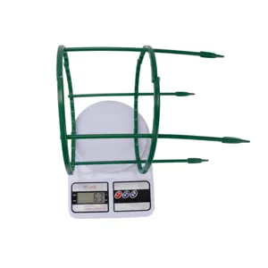 Close-up of the green plastic plant support cage showing its lightweight structural design.