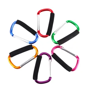 Colorful aluminum alloy D-shaped carabiners with black foam grips, durable outdoor hooks.