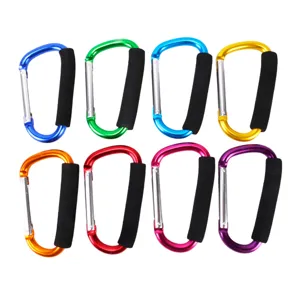 Colorful aluminum D-shaped carabiners with sponge foam grips, multi-purpose utility hooks.