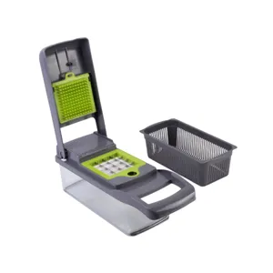 Close-up detail of the multi-functional vegetable chopper showing blade grid and basket parts.