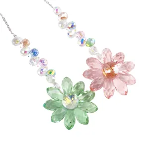Crystal suncatcher prism hanging ornament with pink and green flower pendants rainbow maker
