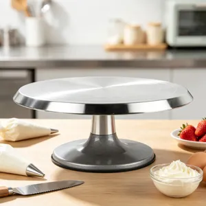 Detail view of aluminum alloy cake turntable providing smooth rotation for baking decoration.