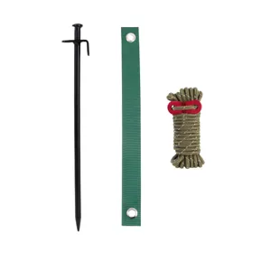Heavy duty tree stake kit with black metal anchor, green webbing strap and reflective rope.