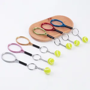 Tennis racket keychain set, colorful metal sports key rings with mini tennis balls for gifts