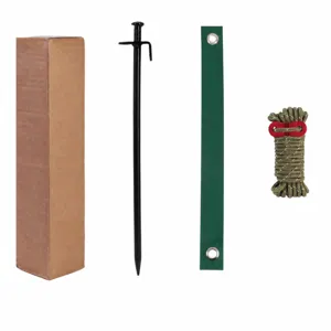Tree stake kit size chart showing dimensions of paper box, metal stake, green strap, and rope.