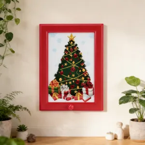 Distributeur de bonbons mural en forme de cadre photo avec motif de sapin de Noël, rouge.