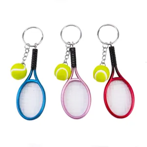 Tennis racket keychain sports gift set cute mini ball pendant metal key ring blue pink red