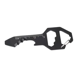 Detail view of black multi-tool EDC key chain with bottle opener and scale marks.