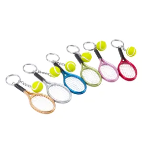 Colorful tennis racket keychain metal mini tennis ball keyring sports souvenir gift set