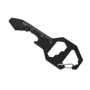 Detail view of the black multi-functional EDC tool, showing ruler scale and handy pocket size.