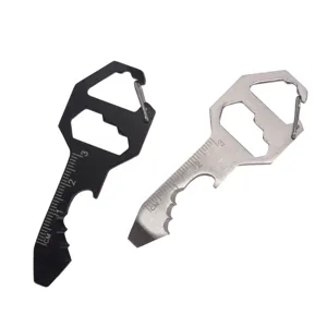 Mini multi-functional key shape EDC pocket tool with bottle opener, hex wrench and ruler.
