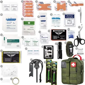 Kit de secours d'urgence extérieur avec matériel médical de premier secours et outils.