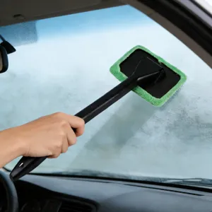 Auto voorruit reinigingsborstel met lange handvat en groen microvezel kussen voor ramen