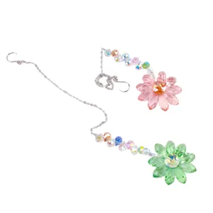 Crystal flower suncatcher detail shot showing sparkling faceted beads and hanging chain for decor.