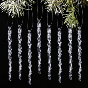 Hanging acrylic icicle pendants detail shot, clear crystal design for Christmas tree decor.