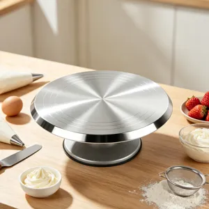Detailed view of silver aluminum alloy cake turntable on wooden table with baking tools.
