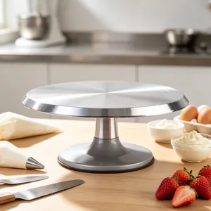 Close-up detail of silver aluminum alloy cake turntable in a professional baking kitchen.