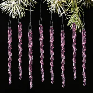 Pink acrylic icicle hanging ornaments for Christmas tree decoration, festive party supplies.