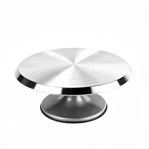 Aluminum alloy cake turntable detail shot, smooth rotating mechanism for baking and decorating.