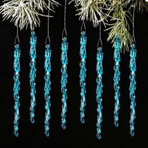 Blue acrylic icicle pendant detail shot, great for Christmas tree decoration and winter atmosphere.