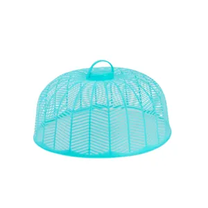 Light blue plastic mesh food cover detail, collapsible dome insect protection net for table.