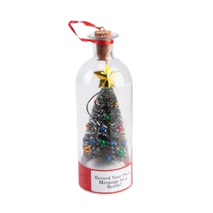 Detailed shot of Christmas tree in a glass bottle with cork and message label for holiday gift.