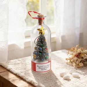 Detail view of a mini Christmas tree inside glass bottle message gift with festive holiday decor.