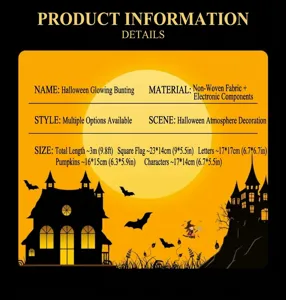 Halloween glowing banner specification detail showing dimensions and material info.