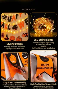 Halloween pumpkin banner detail view with LED fairy lights, felt fabric party decor close-up.