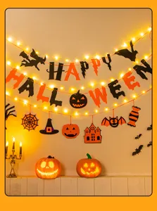 Halloween glowing pumpkin banner hanging decorations string lights party atmosphere props detail